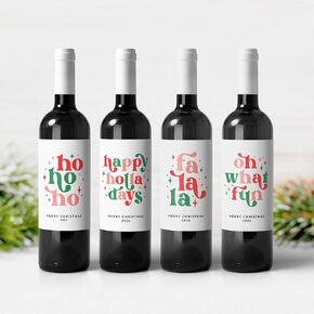 Holiday Wine Label (Set of 4) - Christmas Gift Wine Bottle Labels, Retro Preppy fun Christmas decorations, Coworker Holiday Gift Idea, Funny White Elephant Gift