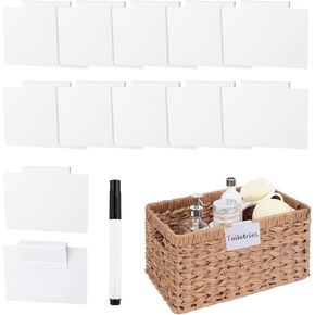 13PCS Basket Labels Clip On Set,Include 12Pcs Clip Label Holder Removable Pantry Basket Labels and A Black Chalk Markers,Plastic Bin Labels Clips for Organizing Box,Kitchen,Linen Closet(White)
