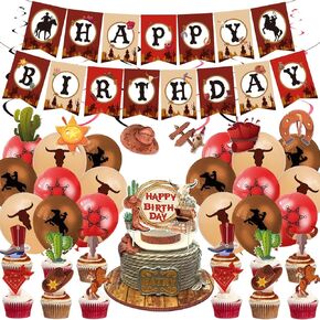Cowboy Birthday Party Decoration 58 Pcs Western Cowboy Theme Birthday Decorations Cowboy Happy Birthday Banner Balloons Cake Cupcake Toppers Western Party Supplies Kit for Boys Western Theme Party