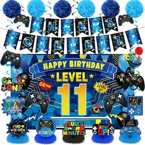 Video Game 8th Birthday Party Decorations Blue Black Happy Birthday Level 8 Banner Backdrop Honeycomb Centerpieces Hanging Swirls Tissue Paper Pompoms Kit for Boy 8 Years Old Game Controller Supplies