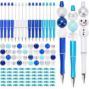 Whaline 16Pcs Winter Beadable Pen Blue White Bead Ballpoint Pen Gel Ink Pen with 50Pcs Snowman Beads 50Pcs Rhinestone Beads for Winter Christmas DIY Crafts Office School Gifts Party Supplies