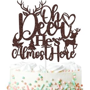 Oh Deer He's Almost Here Cake Topper, Oh Deer Baby Shower Boy's Happy 1st Birthday Cake Decorations, Deer Doe Pregnancy Gender Reveal Themed Party Supplies for Baby Boy, Brown Glitter in Kuwait