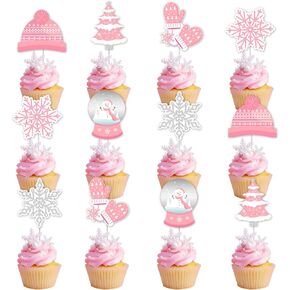 Kreatwow Winter Party Cake Decorations Pink Winter Onederland Snowflake Cupcake Toppers Pink Wonderland Cake Decor Snowman Christmas Tree Winter Baby Shower Party Supply Pink for Girls 1st Birthday