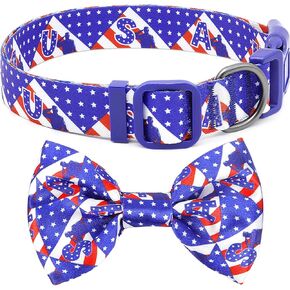 BiPawTi American Flag Dog Collar with Bowtie, 4th of July Dog Collar Holiday Pet Gift, Blue Pride Patriotic Dog Collar, USA Dog Collar for Independence Day, Memorial Day, Flag Day - S