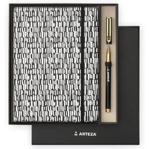 ARTEZA Journal Gift Set, 6x8 Inches, 96 Sheet Notebook with Double-Sided Lined Paper and 1 Black Ink Pen, Black and White Design