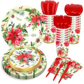 116 Pcs Christmas Leaves Party Supplies 16 Guests Christmas Red Leaves Party Decorations Set Including Christmas Party Paper Plates Dinner Plates Napkins Cups Set for Christmas Party Decoration