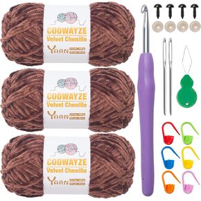 Chenille Yarn, Chunky Yarn for Crocheting, Baby Blanket Yarn Brown, 3×3.5 OZ Velvet Fluffy Yarn, Soft Thick Plush Yarn for Hand Knitting, Amigurumi - #5 Bulky Gauge, Durable for Shedding
