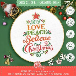 Povitrulya Easy Counted Cross Stitch Kit for Adult Christmas Tree with Inspirational Words Joy, Love, Peace, Believe