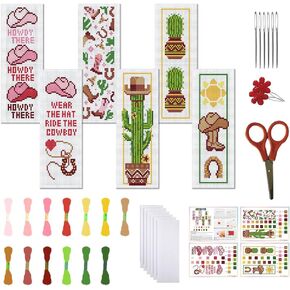 FREEBLOSS 6 Set Cross Stitch Bookmark Stamped Cross Stitch Kit with Western Cowboy Patterns Embroidery Kit with Instruction DIY Bookmark Kit for Gift Adults 8.66''x3.14''