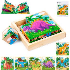 Wooden Dinosaur Block Puzzles for Kids Ages 3-5 with Book, Jigsaw Puzzles Preschool Learning Educational Interactive Toys Gift for Boys Girls, Wood Dino Cube Puzzles for Toddlers 2 3 4 5 6 Years Old