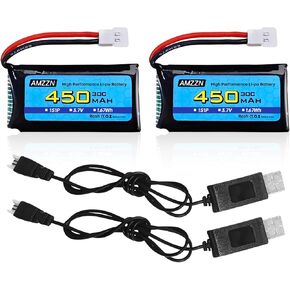 2PCS 3.7V 450mAh 30C Lipo Battery with USB Charging Cable Molex Plug Compatible with Most RC Drones, Four Axis Aircraft and SYMA WLToys Hubsan Aircraft Models(2PCS Battery+2 USB)