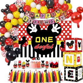 Mickey 1st Birthday Party Supplies - Mickey Theme Mouse Party Decorations, Backdrop, Balloon Garland, Balloon Box, Door Hanger, Banner, Crown, Topper, Mickey First Birthday Party Decorations