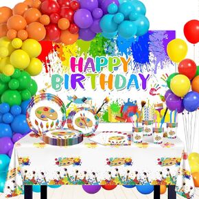 Paint Party Decorations for Birthday 200 Pcs Paint Party Supplies Set Graffiti Happy Birthday Backdrop Tablecloth Art Party Decorations for Birthday Paint Party Balloon Garland Kit