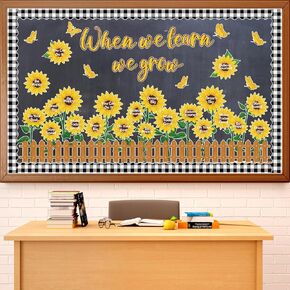 Spring Sunflower Bulletin Board Classroom Decoration Set Autumn Sun Flower Cutouts with Motivational Sayings Butterflies Fences When We Learn We Grow Bulletin Cardboard Wall Door Office School Decor
