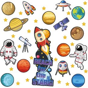 Marspark 42 Pcs Outer Space Bulletin Board Decoration Space Themed Classroom Decor Planet Astronaut Rocket Reach for The Stars Decor for Classroom Chalkboard Wall Bulletin Board(Space Style)