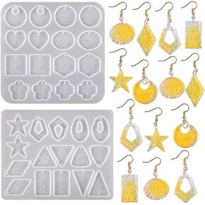2 Pcs Earrings Resin Molds Jewelry Casting Molds Heart Round Star Hexagon Triangle Rhombus Geometric Pendant Silicone Mold Dangle Drop Crystal Epoxy Mould for DIY Crafts Keychain Charms