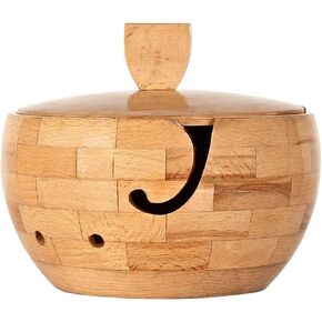 Wood Yarn Bowl with Lid (7.5x4.5) – Large Yarn ball Holder Bowl for Knitting and Crocheting – Yarn Storage Bowl with Crochet Hook Holders - Gift for Yarn Lovers - Protects from Pets & Spills