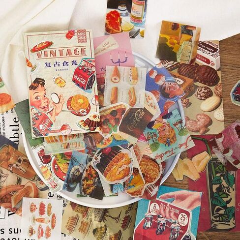 Vintage Washi Stickers Set Scrapbook Material Paper Fruit Food Cake Pizza Ice Cream Biscuit Drink DIY Decorative Sticker for Scrapbooking Planner Letter Envelope Journal Diary Journaling Arts Crafts in Saudi Arabia