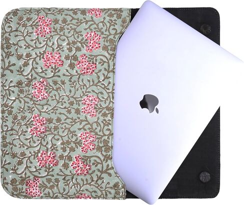 Cotton Hand Block Print Laptop Sleeve Case Bag Compatible with MacBook Air/Pro, 13-13.3 inch Water-Resistant Notebook, Travel Carrying Case Bag Protective Portable Computer Bag, Green 2 in Saudi Arabia