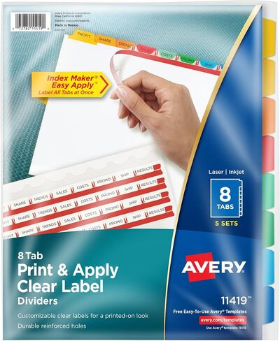 فواصل Avery 8 علامات تبويب لـ 3 مجلدات حلقية، طباعة سهلة وتطبيق شريط ملصقات شفاف، علامات تبويب متعددة الألوان قابلة للتخصيص من صانع الفهرس، 5 مجموعات (11419) in Saudi Arabia