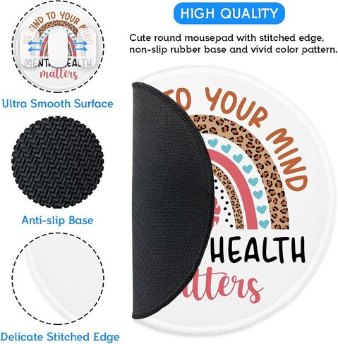 YAZMEEN Funny Rainbow Mouse Pad， Mental Health Matters Mouse Mat for Laptop Gaming Supplies，Cute Round Mousepad with Stitched Edge Non-Slip Rubber Base，Office Gift Home Office Desk Accessories in Saudi Arabia
