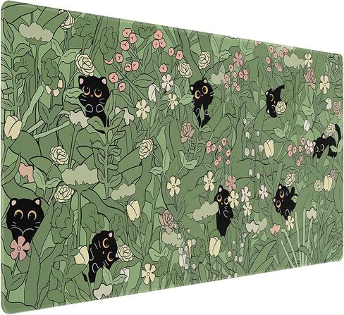 Green Desk Mat,Cute Cat Large Desk Pad Mat,Anime Cat Flower Mouse Pad,Large Mouse Pad for Desk Rubber Base Mousepad with Stitched Edges,Kawaii Desk Decor Home Office Accessories for Girl in Saudi Arabia