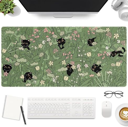 Green Desk Mat,Cute Cat Large Desk Pad Mat,Anime Cat Flower Mouse Pad,Large Mouse Pad for Desk Rubber Base Mousepad with Stitched Edges,Kawaii Desk Decor Home Office Accessories for Girl in Saudi Arabia