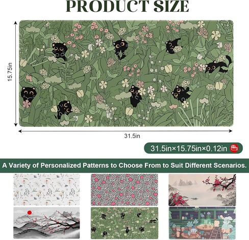 Green Desk Mat,Cute Cat Large Desk Pad Mat,Anime Cat Flower Mouse Pad,Large Mouse Pad for Desk Rubber Base Mousepad with Stitched Edges,Kawaii Desk Decor Home Office Accessories for Girl in Saudi Arabia
