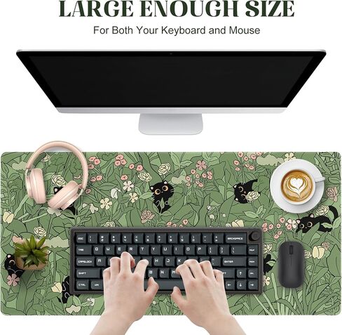Green Desk Mat,Cute Cat Large Desk Pad Mat,Anime Cat Flower Mouse Pad,Large Mouse Pad for Desk Rubber Base Mousepad with Stitched Edges,Kawaii Desk Decor Home Office Accessories for Girl in Saudi Arabia