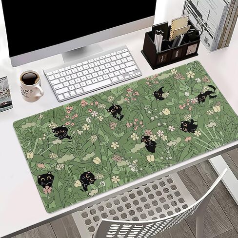 Green Desk Mat,Cute Cat Large Desk Pad Mat,Anime Cat Flower Mouse Pad,Large Mouse Pad for Desk Rubber Base Mousepad with Stitched Edges,Kawaii Desk Decor Home Office Accessories for Girl in Saudi Arabia
