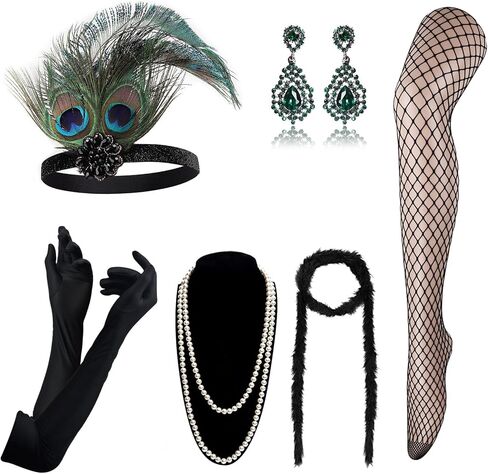DRESHOW 1920s Great Gatsby Accessories Feather Headband Earrings Gloves Flapper Costume Accessories Set for Women in Kuwait
