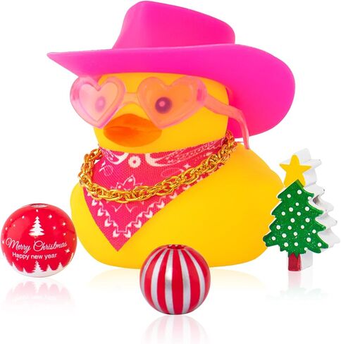 wonuu Car Dashboard Christmas Decorations Rubber Ducks, Christmas Eve Rubber Ducky for Car Ornament Cute Duck with Accessories, Cowboy Hat, Glasses, Necklace (Pink) in Saudi Arabia