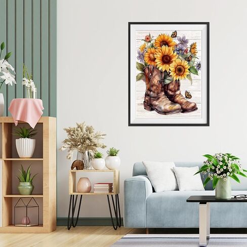 QENSPE Diamond Art Painting Kits for Adults,Boots and Sunflowers Full Drill Diamond Dots Paintings for Beginners,Round 5D DIY Arts and Crafts Gem Art Painting Kits 12x16inch in Kuwait