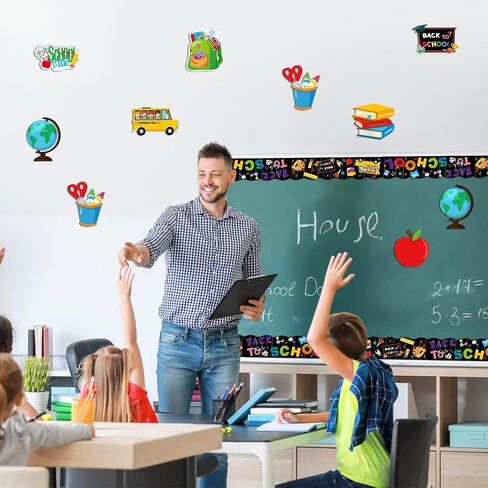BeYumi 62Pcs Back to School Classroom Decorations Set Colorful First Day of School Cutouts with Bulletin Board Borders Trim for Elementary Preschool Kindergarten Nursery Chalkboard Wall Décor in Kuwait