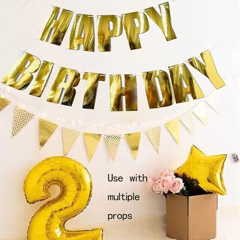 Happy Birthday Banner Bright Golden Birthday Sign Party Decorations Custom Banner Kit Can be Reused Happy Birthday Decor With 2 Wires and 1 Threading Device (Bright Golden) in Saudi Arabia
