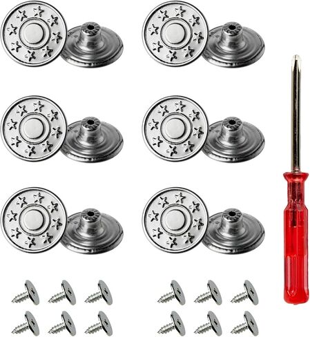 20mm Replacement Jean Buttons 12 Sets Shiny Silver Tack Buttons Close-Match Metal Button for Replacement, Easy Install no Sewing Skin&Clothes Protect with Screw and Tool Button for Jeans Pants Button in Saudi Arabia