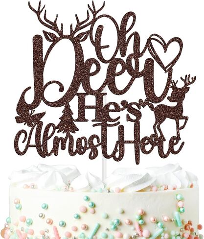 Oh Deer He's Almost Here Cake Topper، Oh Deer Baby Shower Boy's Happy 1st عيد ميلاد كعكة الزينة، الغزلان ظبية الحمل تكشف عن الجنس تحت عنوان لوازم الحفلات للطفل الصبي، بريق بني in Kuwait