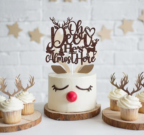Oh Deer He's Almost Here Cake Topper، Oh Deer Baby Shower Boy's Happy 1st عيد ميلاد كعكة الزينة، الغزلان ظبية الحمل تكشف عن الجنس تحت عنوان لوازم الحفلات للطفل الصبي، بريق بني in Kuwait
