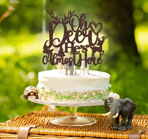 Oh Deer He's Almost Here Cake Topper، Oh Deer Baby Shower Boy's Happy 1st عيد ميلاد كعكة الزينة، الغزلان ظبية الحمل تكشف عن الجنس تحت عنوان لوازم الحفلات للطفل الصبي، بريق بني in Kuwait