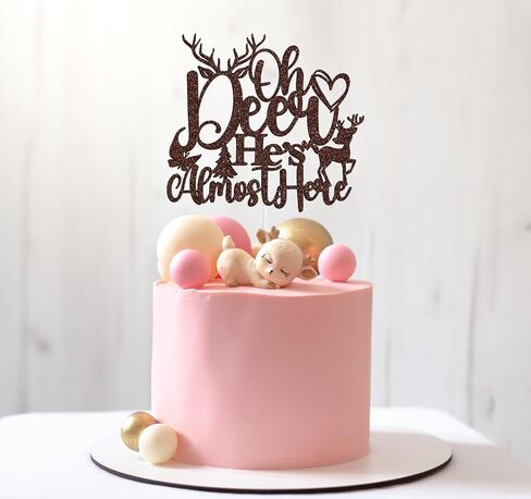 Oh Deer He's Almost Here Cake Topper، Oh Deer Baby Shower Boy's Happy 1st عيد ميلاد كعكة الزينة، الغزلان ظبية الحمل تكشف عن الجنس تحت عنوان لوازم الحفلات للطفل الصبي، بريق بني in Kuwait