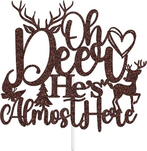 Oh Deer He's Almost Here Cake Topper، Oh Deer Baby Shower Boy's Happy 1st عيد ميلاد كعكة الزينة، الغزلان ظبية الحمل تكشف عن الجنس تحت عنوان لوازم الحفلات للطفل الصبي، بريق بني in Kuwait