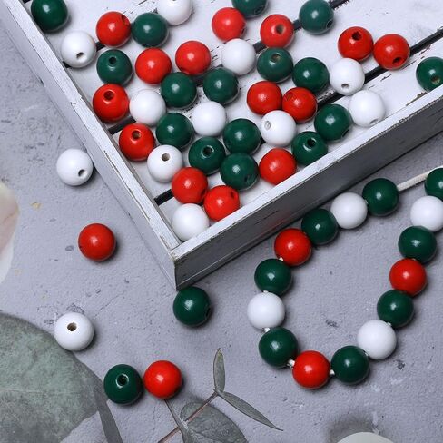 خرز خشبي 16 مم للأكاليل، 120 قطعة خرز خشبي لعيد الميلاد أبيض/أحمر/أخضر، خرز فاصل مستدير من الخشب الملون لتزيين جدران المنزل in Saudi Arabia