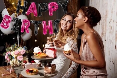 لافتة بالونات عيد ميلاد سعيد باللونين الأسود والوردي الساخن مقاس 40.64 سم للأطفال والكبار لوازم تزيين حفلات أعياد الميلاد in Kuwait