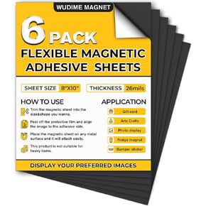 Strong Magnetic Sheets with Adhesive Backing, 4" x 6", 6 Pack Cuttable Flexible Magnet Sticky Sheets, Whiteboards Magnets Fridge Organization, Easy Peel Magnets for Lightweight Craft DIY