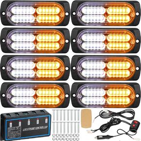 8 Pcs 24 LED Emergency Strobe Light Amber White Truck Surface Mount Side Flashing Marker Grille Hazard Warning Light Ultra Slim Sync Feature Light Construction for Firefighter Vehicles Cars 12-24V in Kuwait