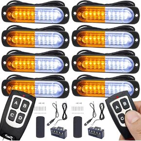 EASE2U E Led Strobe Lights for Trucks Vehicles Suvs, 12-24 8pcs Emergency Warning Caution Hazard Construction Ultra Slim Sync Car with Control Box Surface Mount (White Amber)