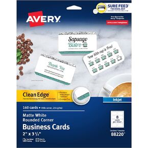 Avery Clean Edge Printable Business Cards with Sure Feed Technology, Rounded Corners, 2" x 3.5", White, 160 Blank Cards for Inkjet Printers (88220)