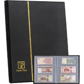 60 Pockets Currency Album-7.7" x 3.2" Banknotes Collecting Holder Leatherette Hard Cover Storage Book with Protective Case for Paper Folding Money Dollars Bills Trading Cards Stamps Collection AN01BK