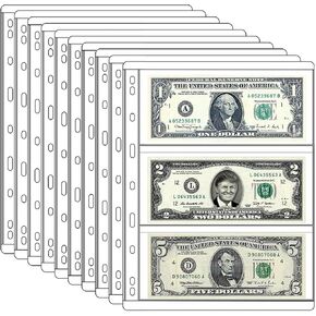 60 Pockets Dollar Bill Holder Pages, 20 Sheets Currency Paper Money Sleeve Protector for Collector, Safe Storage for 3 or 4 Ring Collecting Display Suppliers, Banknote and Coupon (3 Pocket)