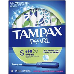Tampax Pearl Plastic Tampons, Super Absorbency, Scented, 18 Count